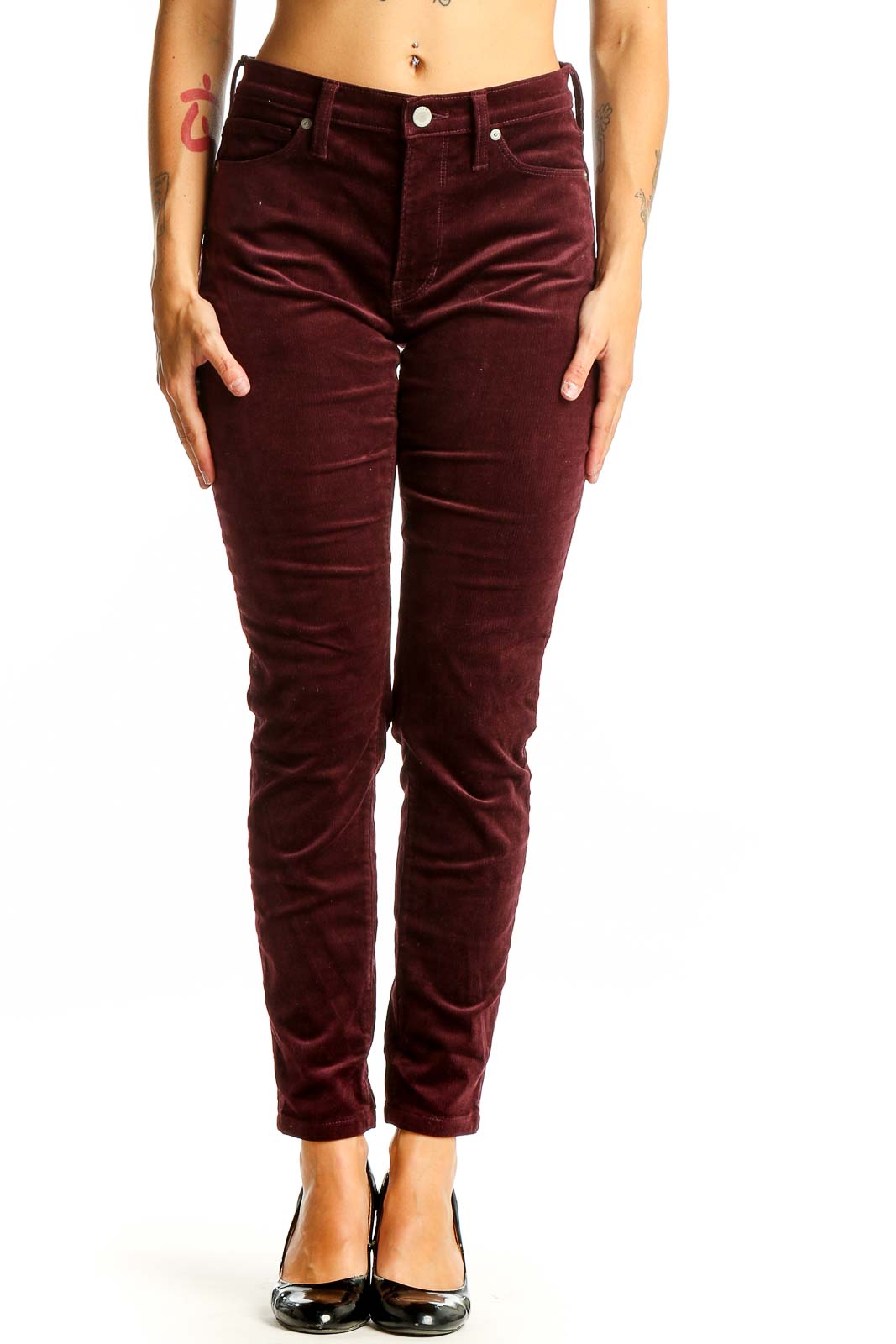 Burgundy Velvet Slim-Fit Pants Front