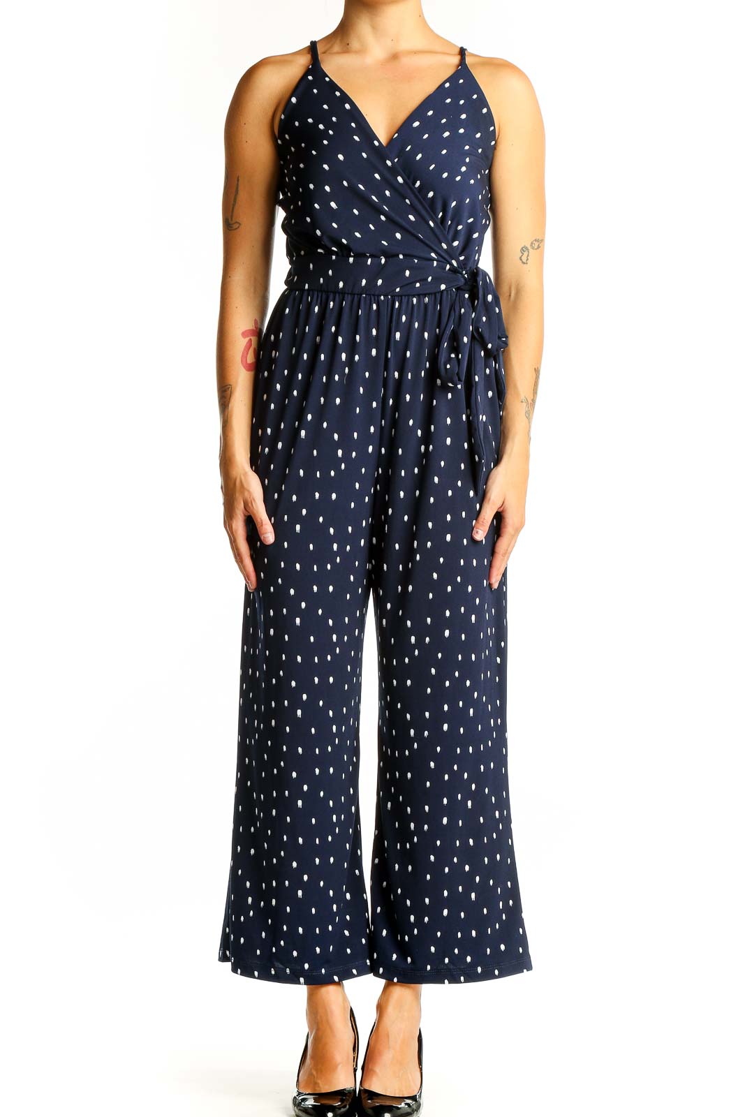 Navy Polka Dot Wrap Jumpsuit Front
