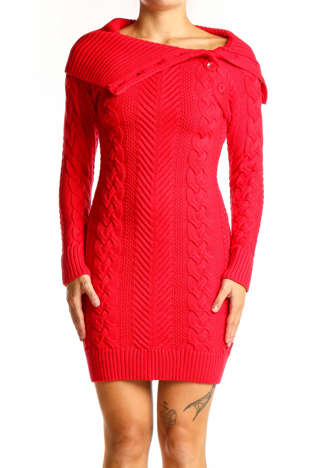 Red Cable Knit Sweater Dress Front