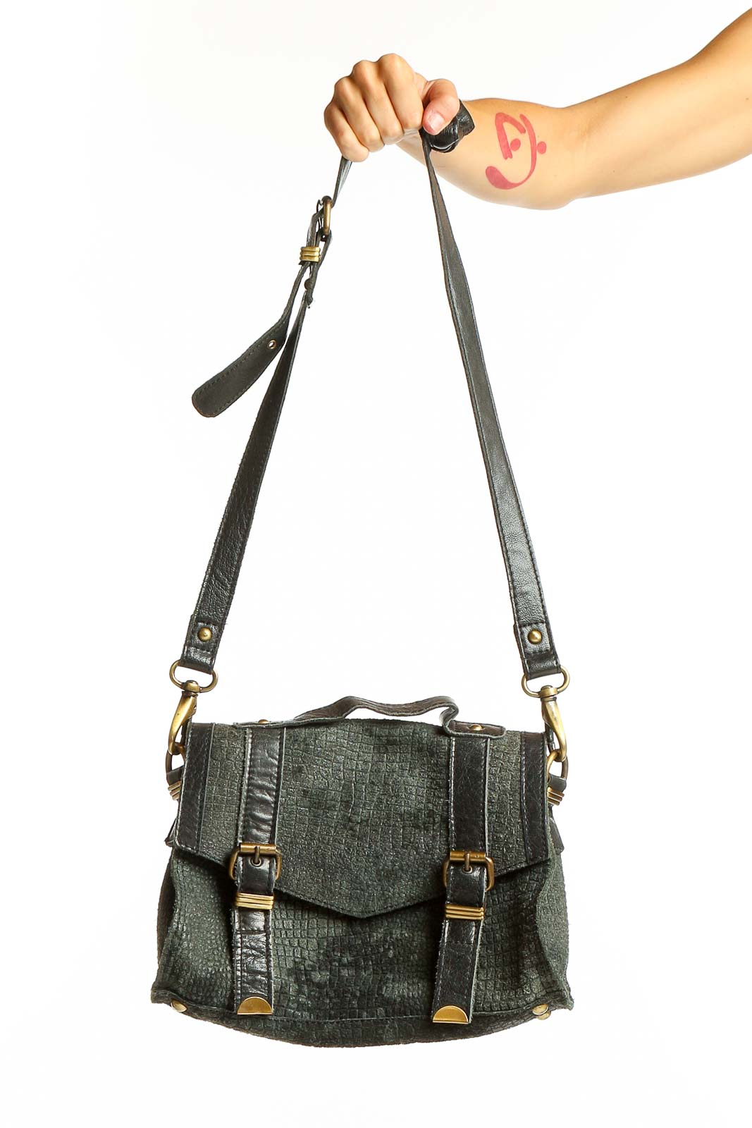 Dark Green Leather Messenger Bag Front