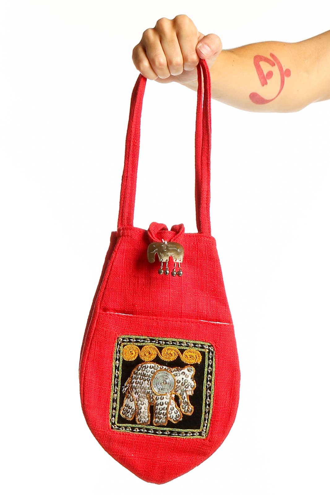 Red Embroidered Elephant Clutch Bag Front