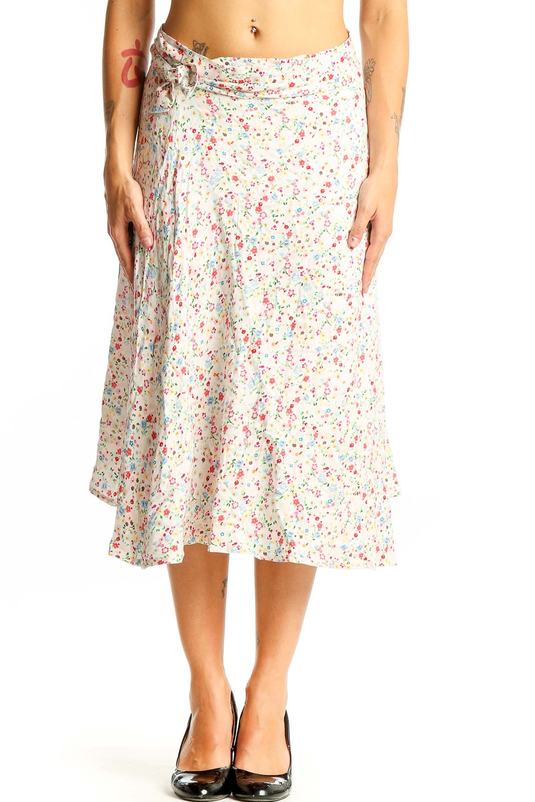 White Floral Print Midi Skirt Front