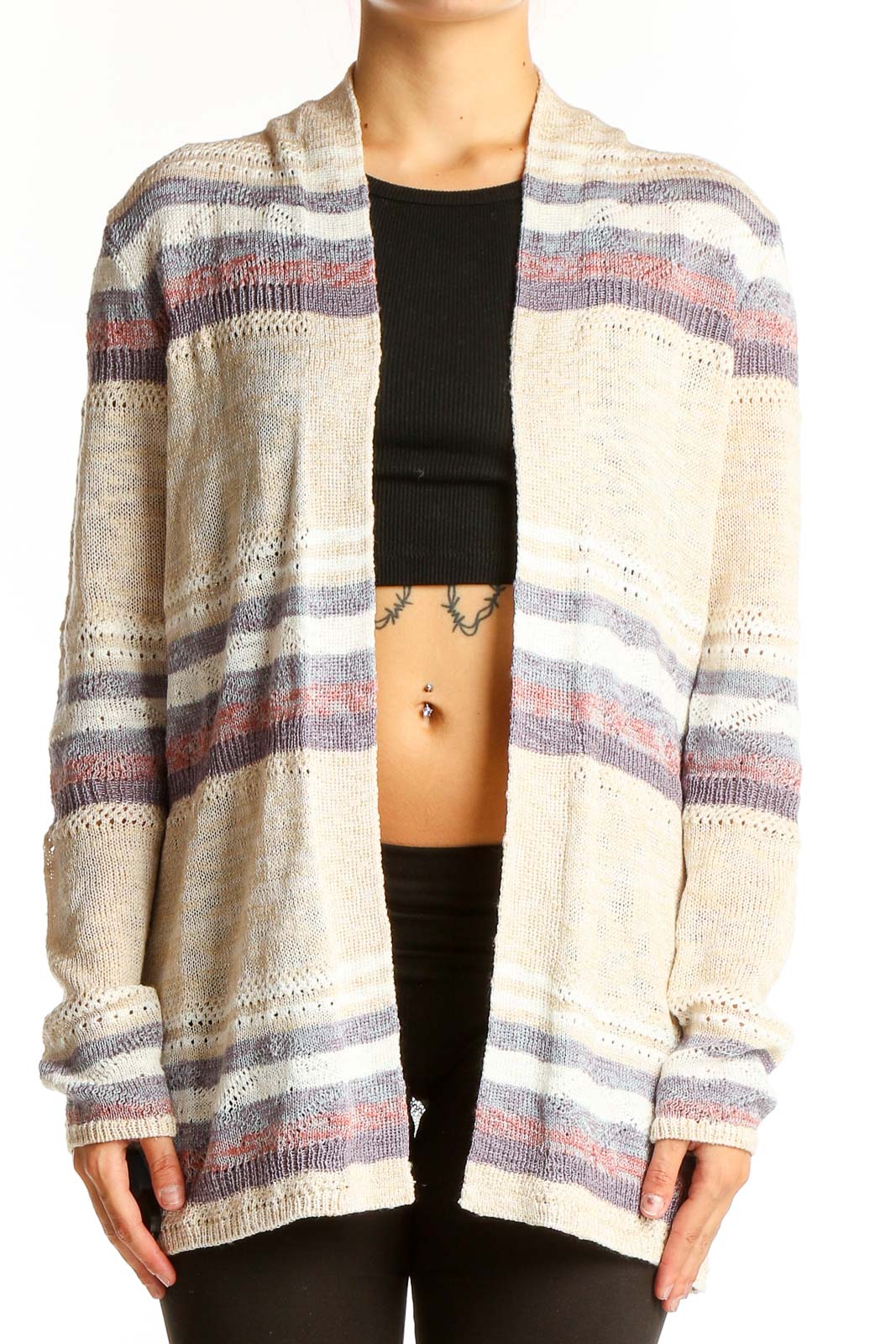 Cream Striped Open Front Cardigan Front