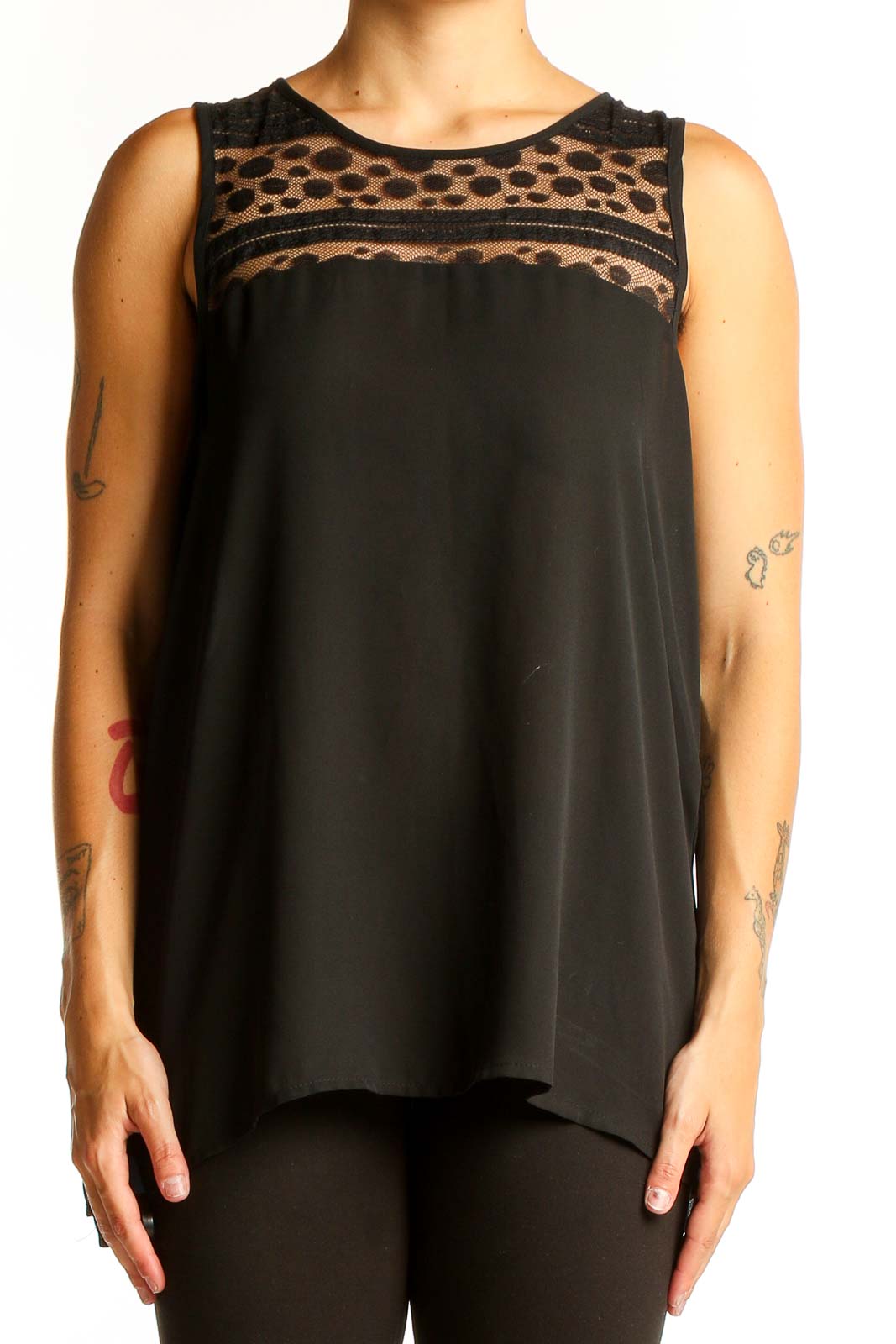 Black Sleeveless Polka Dot Mesh Top Front