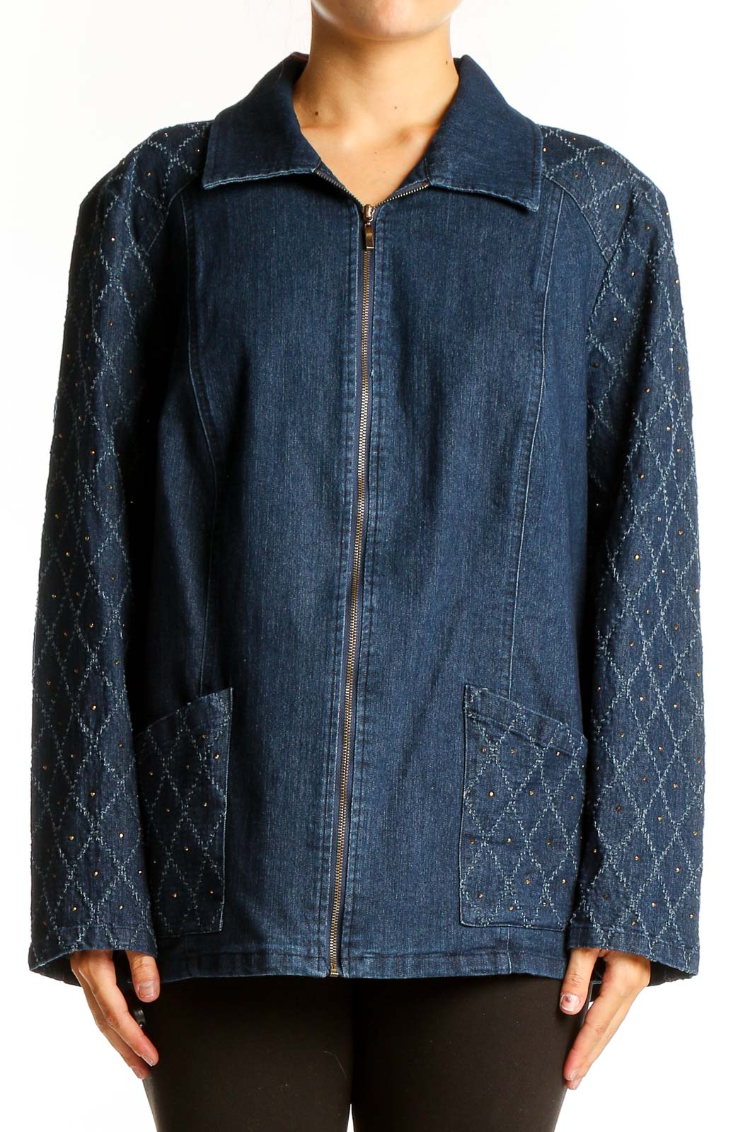 Blue Quilted Denim Zip-Up Jacket Front
