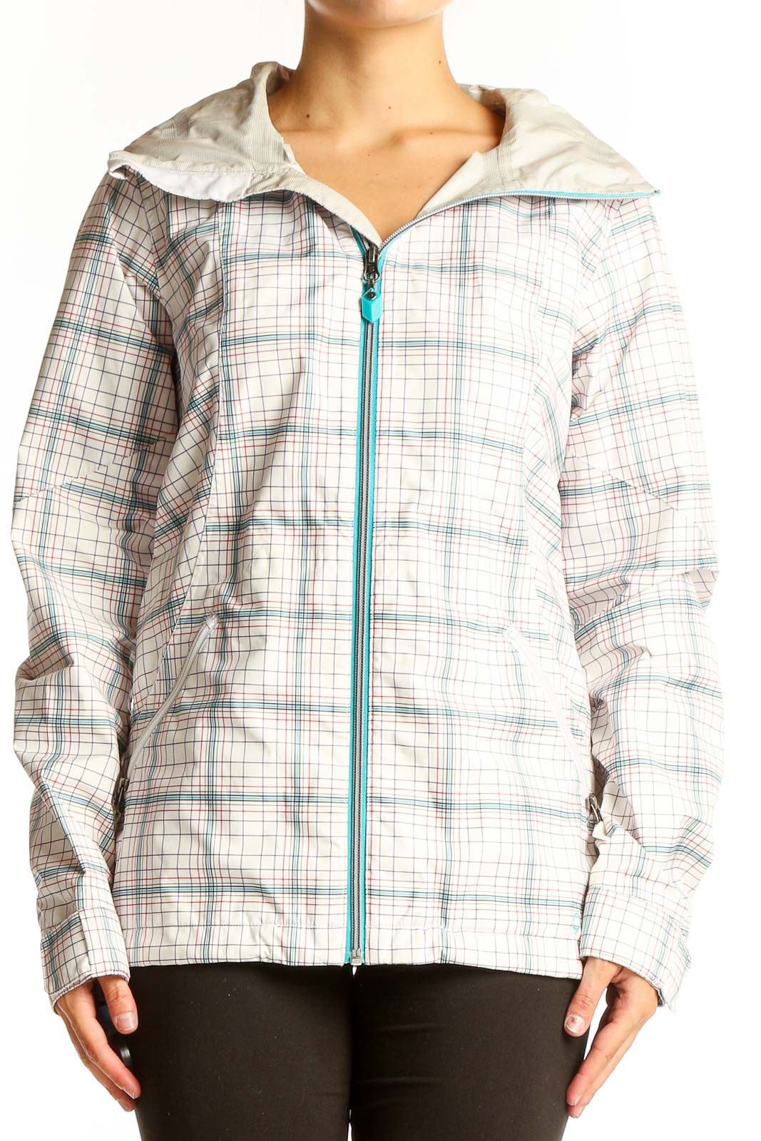 White Plaid Polyester Hooded Jacket Front