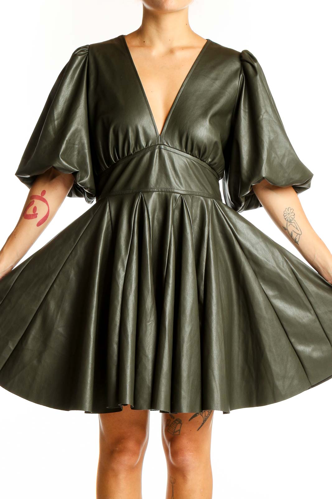 Olive Faux Leather Puff Sleeve Dress Front
