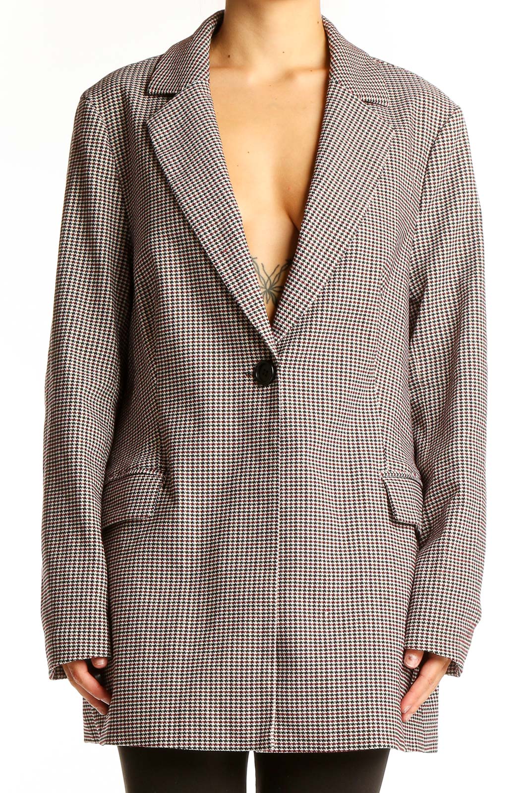 Brown Houndstooth Check Oversized Blazer Front
