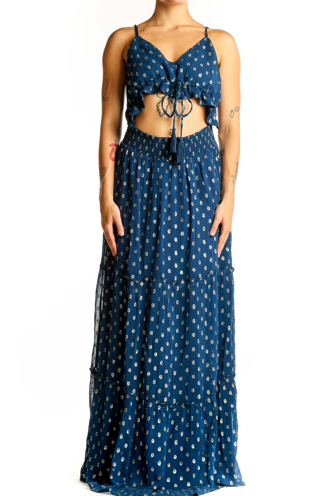 Blue Metallic Polka Dot Maxi Dress Front