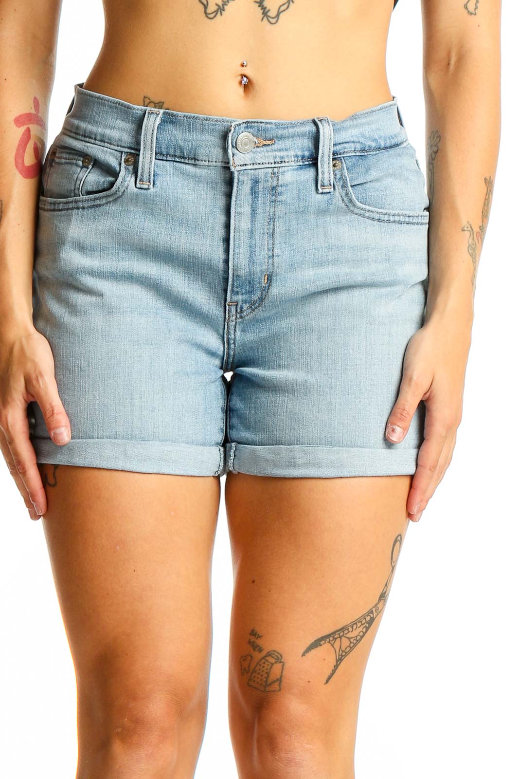 Light Blue Denim Cuffed Shorts Front