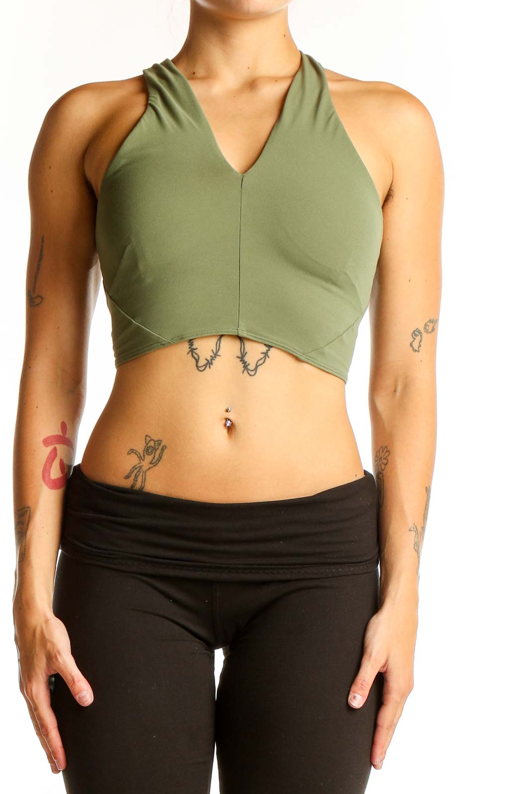 Olive Green Cropped Halter Top Front