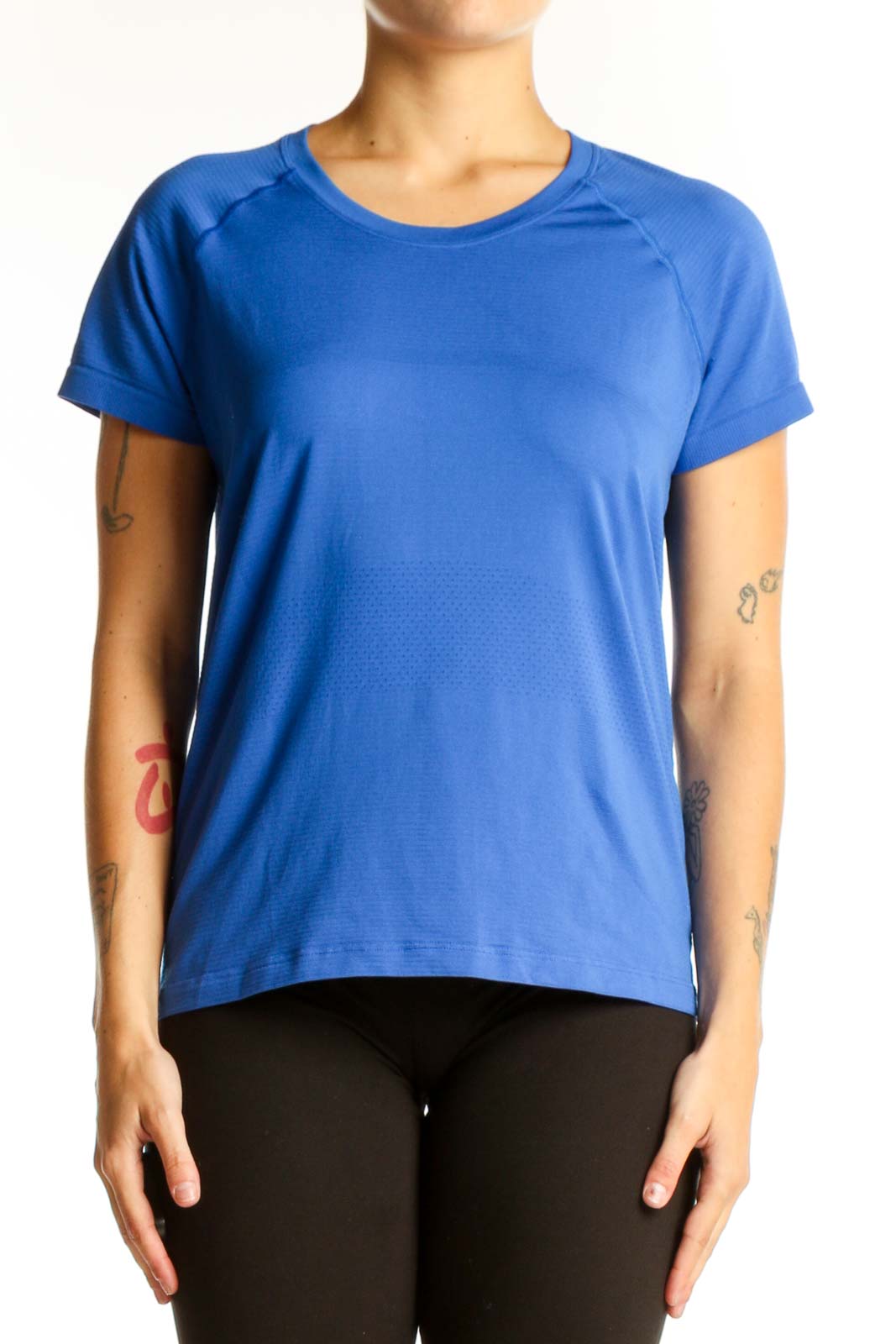 Blue Cotton Blend Athletic T-Shirt Front