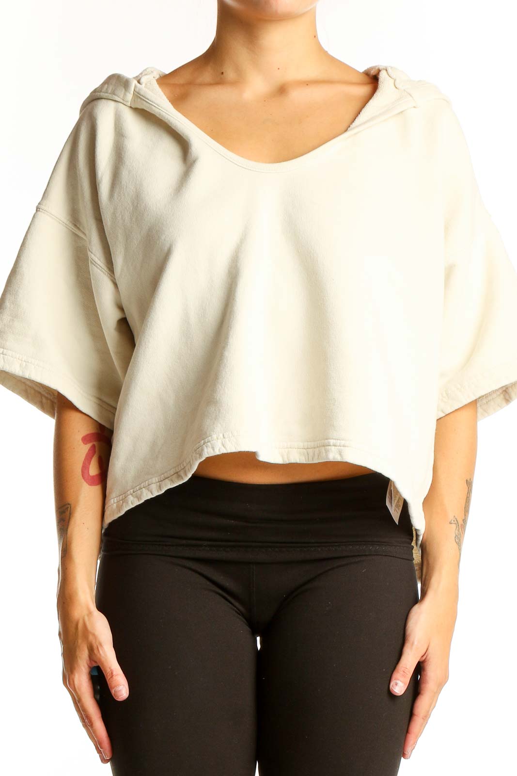 Cream Cropped Hooded Cotton Top Front