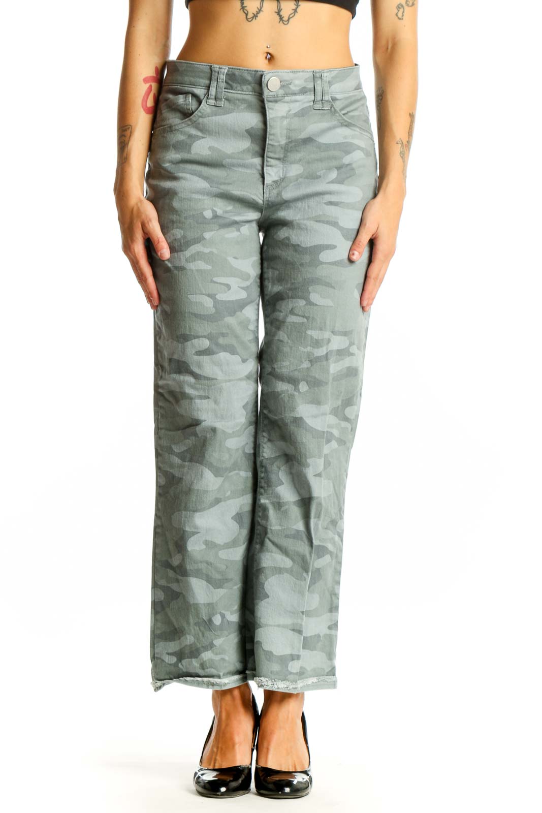 Sage Green Camo Print Wide-Leg Jeans Front