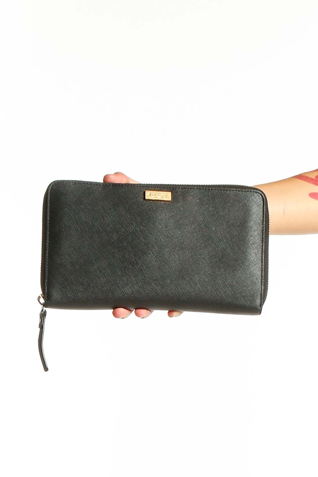 Black Leather Zip-Around Clutch Wallet Front