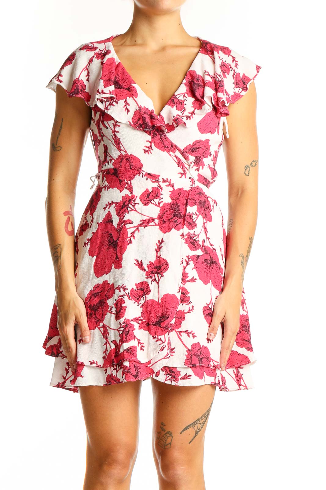 Red Floral Wrap Mini Dress Front