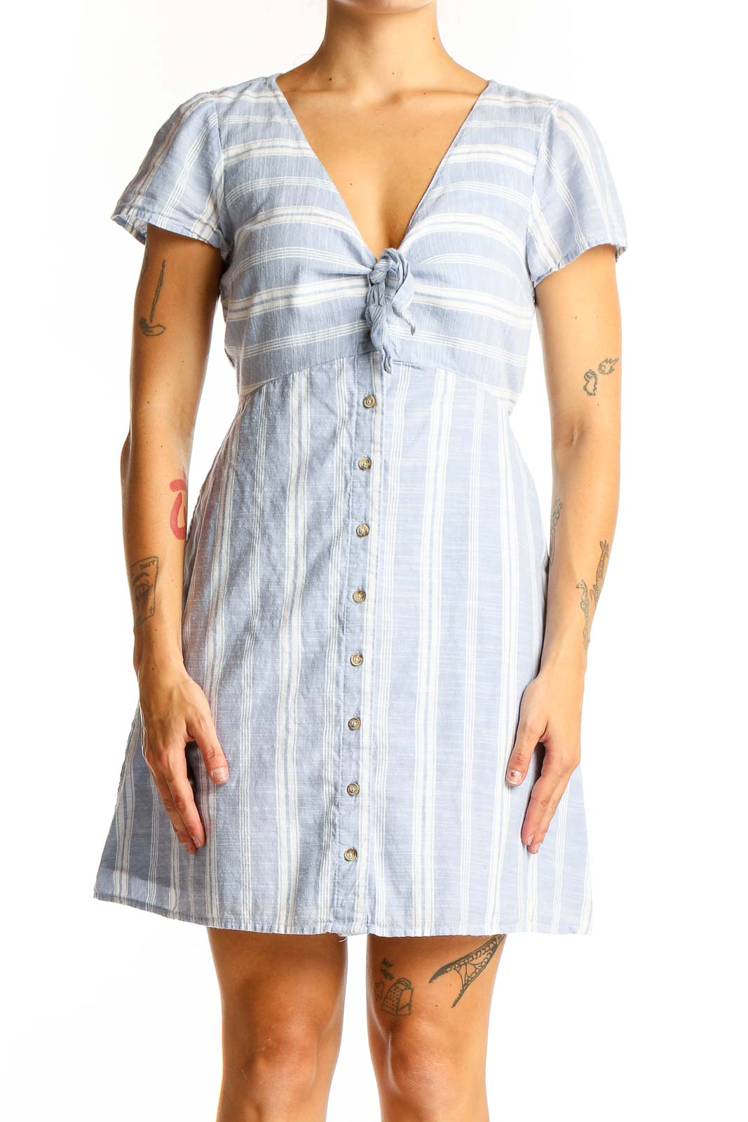 Light Blue Striped Cotton Tie-Front Dress Front