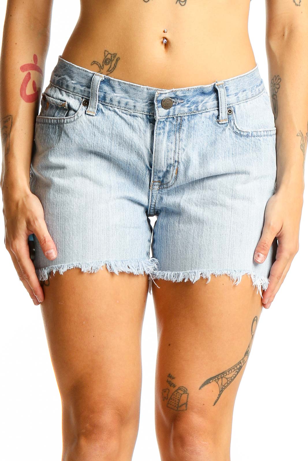 Light Blue Frayed Denim Shorts Front