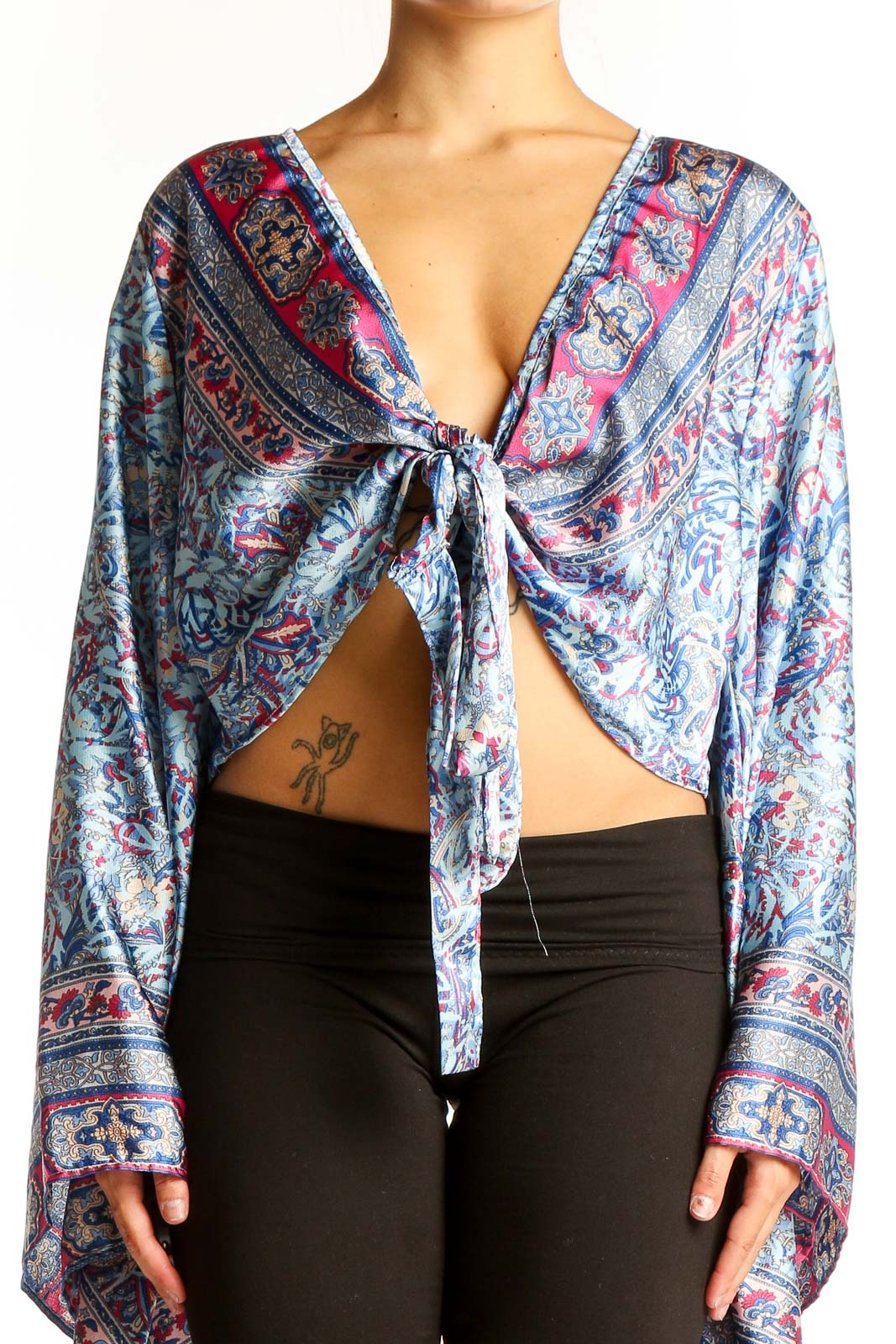 Blue Floral Paisley Tie-Front Crop Top Front