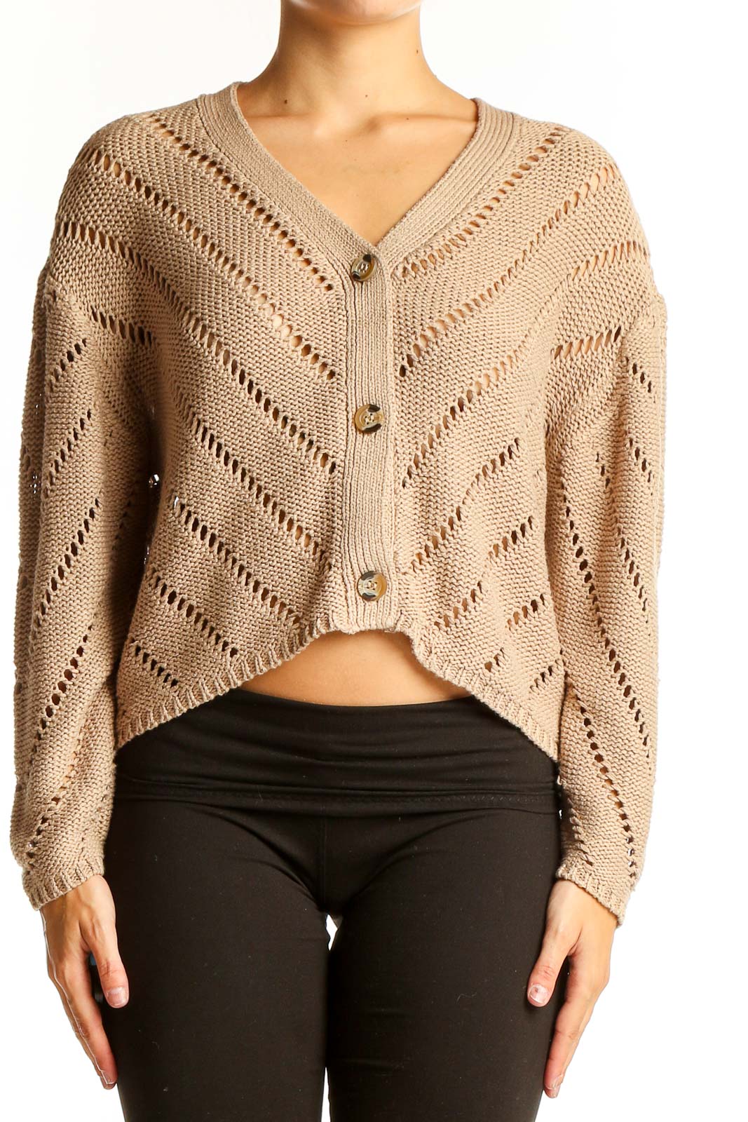Beige Cropped Button-Up Cardigan Front