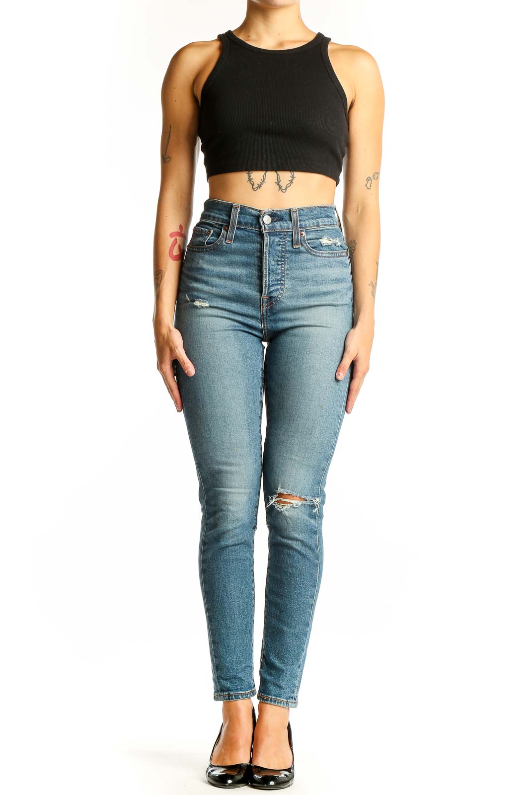 Blue Distressed High-Waist Skinny Jeans Front
