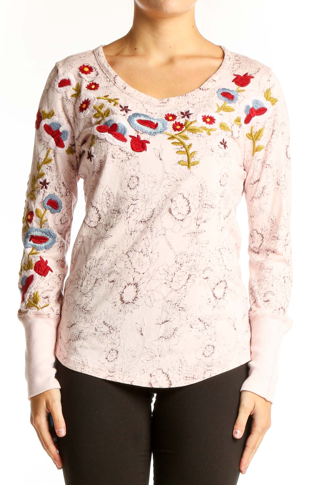 Pink Floral Embroidered Long Sleeve Top Front
