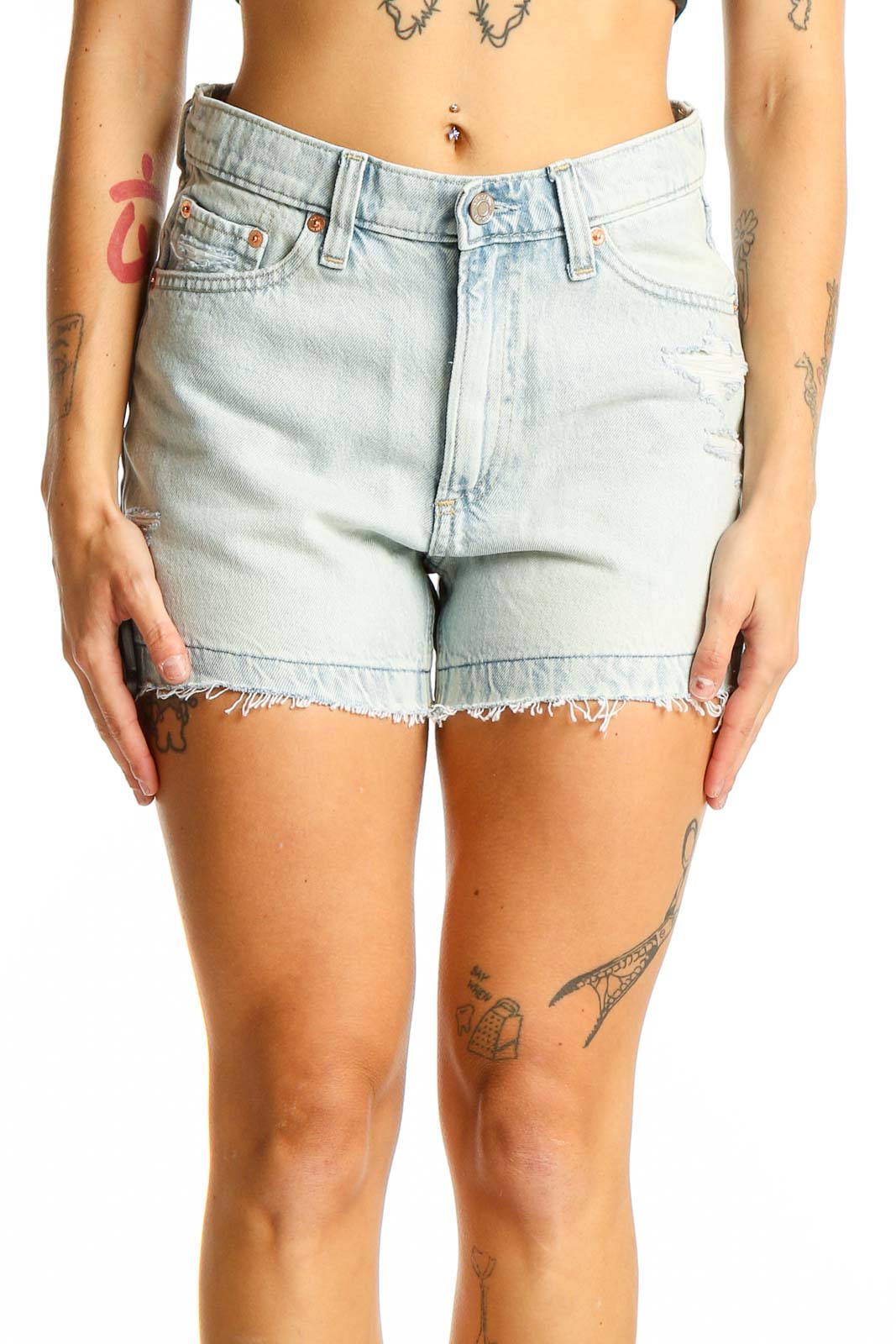 Light Blue Distressed Denim Shorts Front