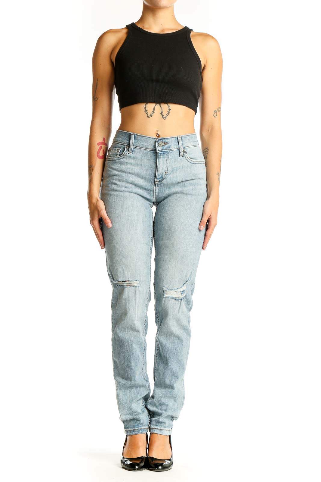 Light Blue Distressed Straight Leg Jeans Front