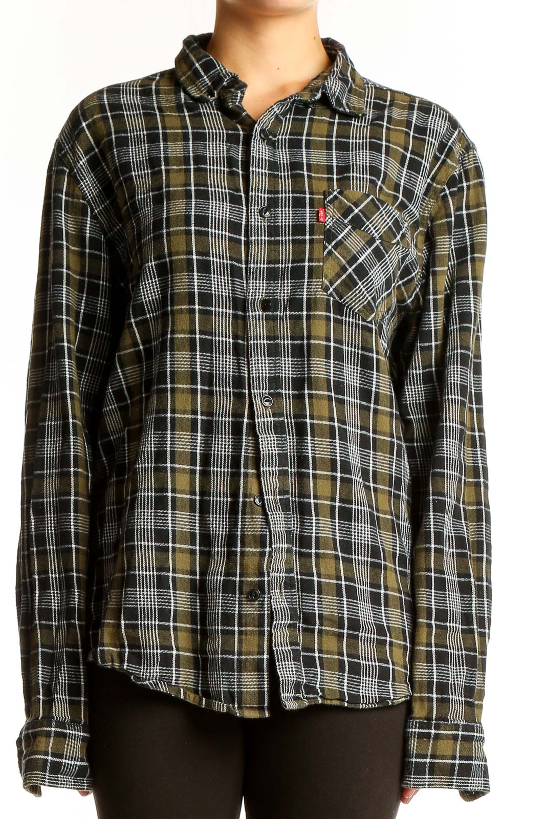 Olive Plaid Cotton Button-Up Shirt Front