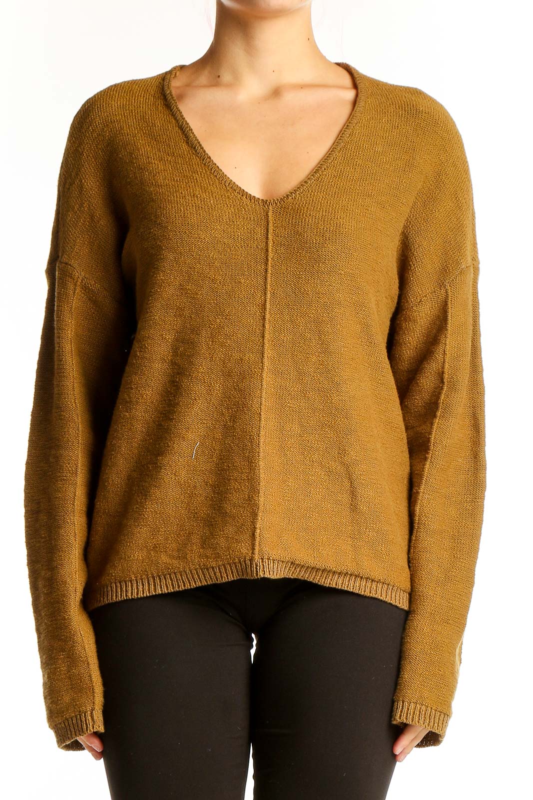 Mustard V-Neck Cotton Knit Sweater Front