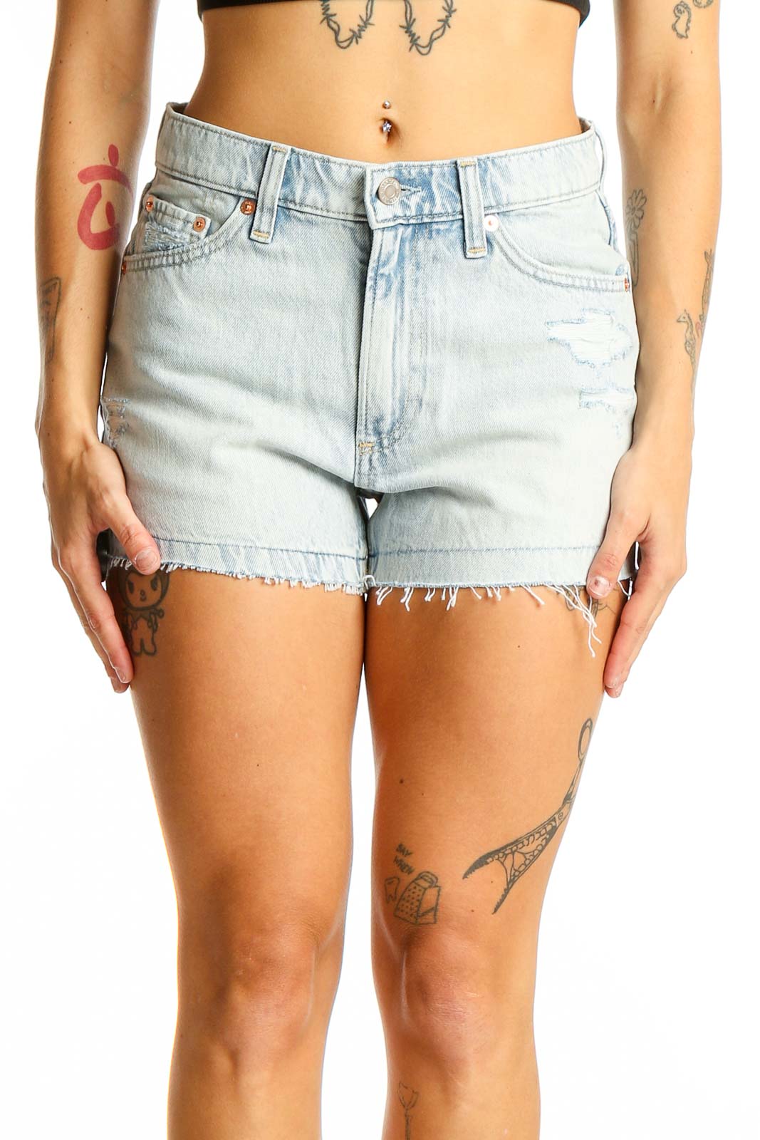 Light Blue Distressed Denim Shorts Front