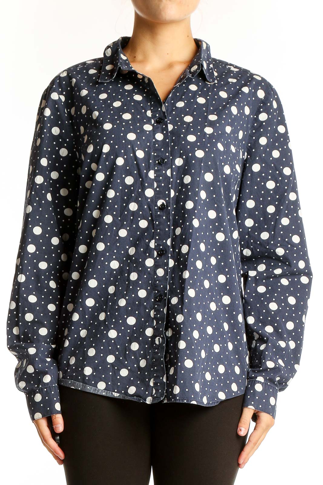 Navy Polka Dot Cotton Button-Up Shirt Front