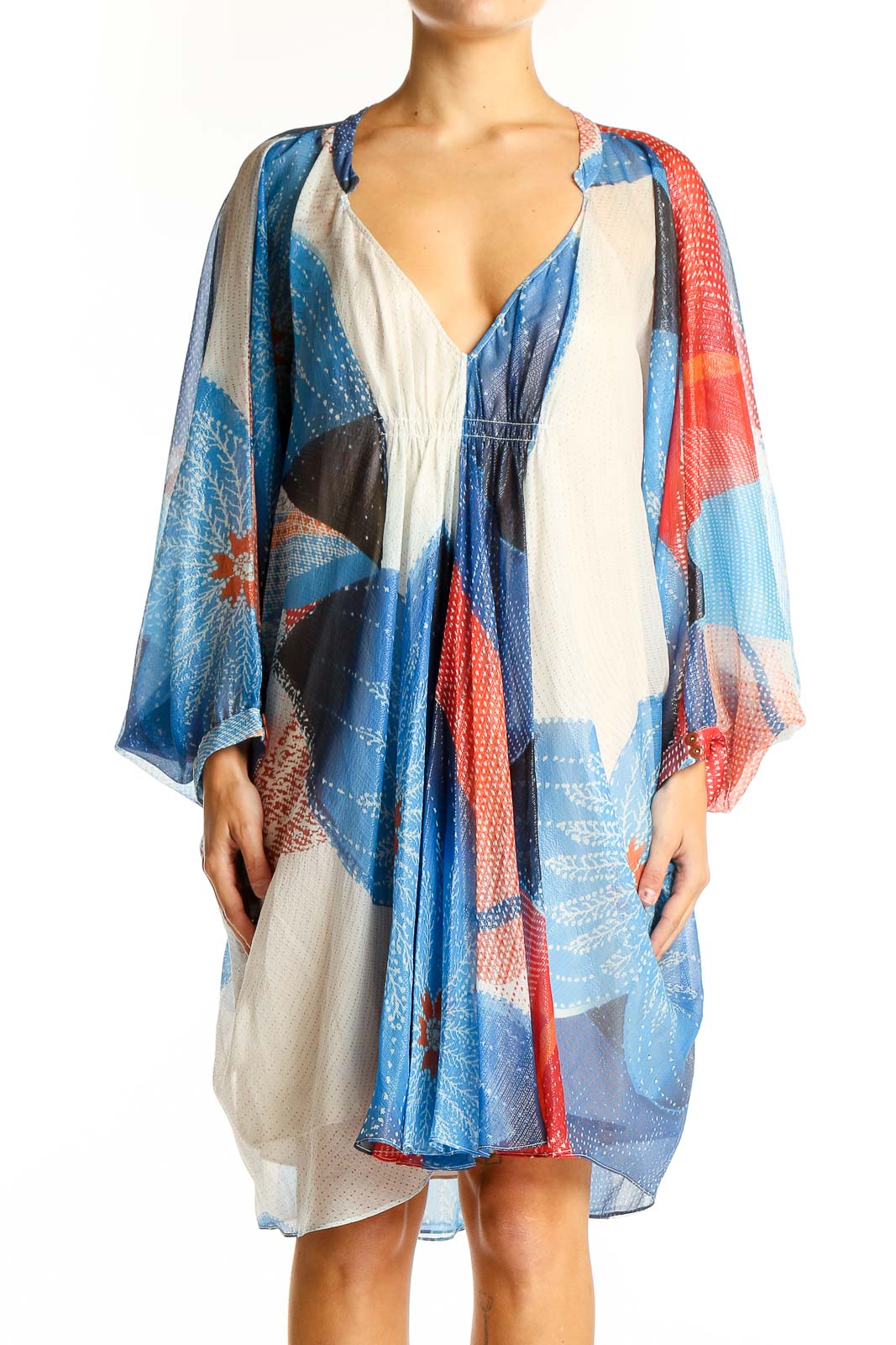 Blue and Red Abstract Print Kimono Dress Front