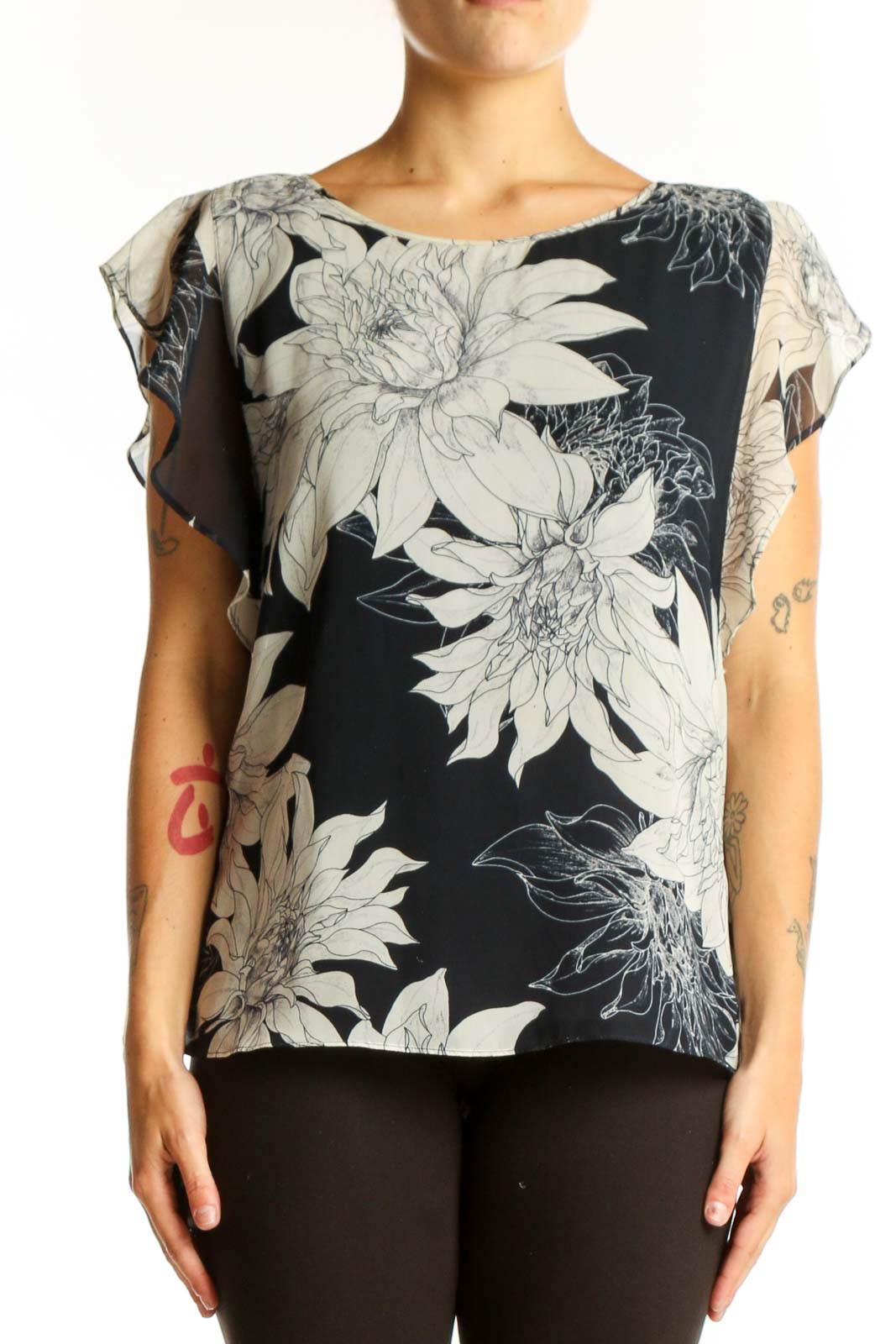 Black and White Floral Print Blouse Front