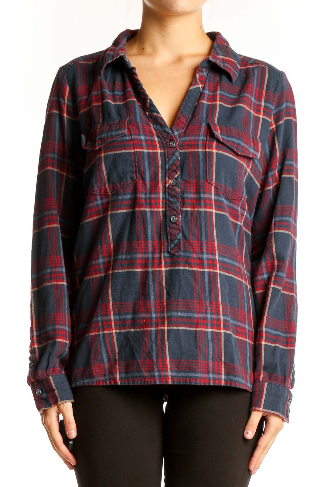 Navy and Red Plaid Cotton Shirt Front