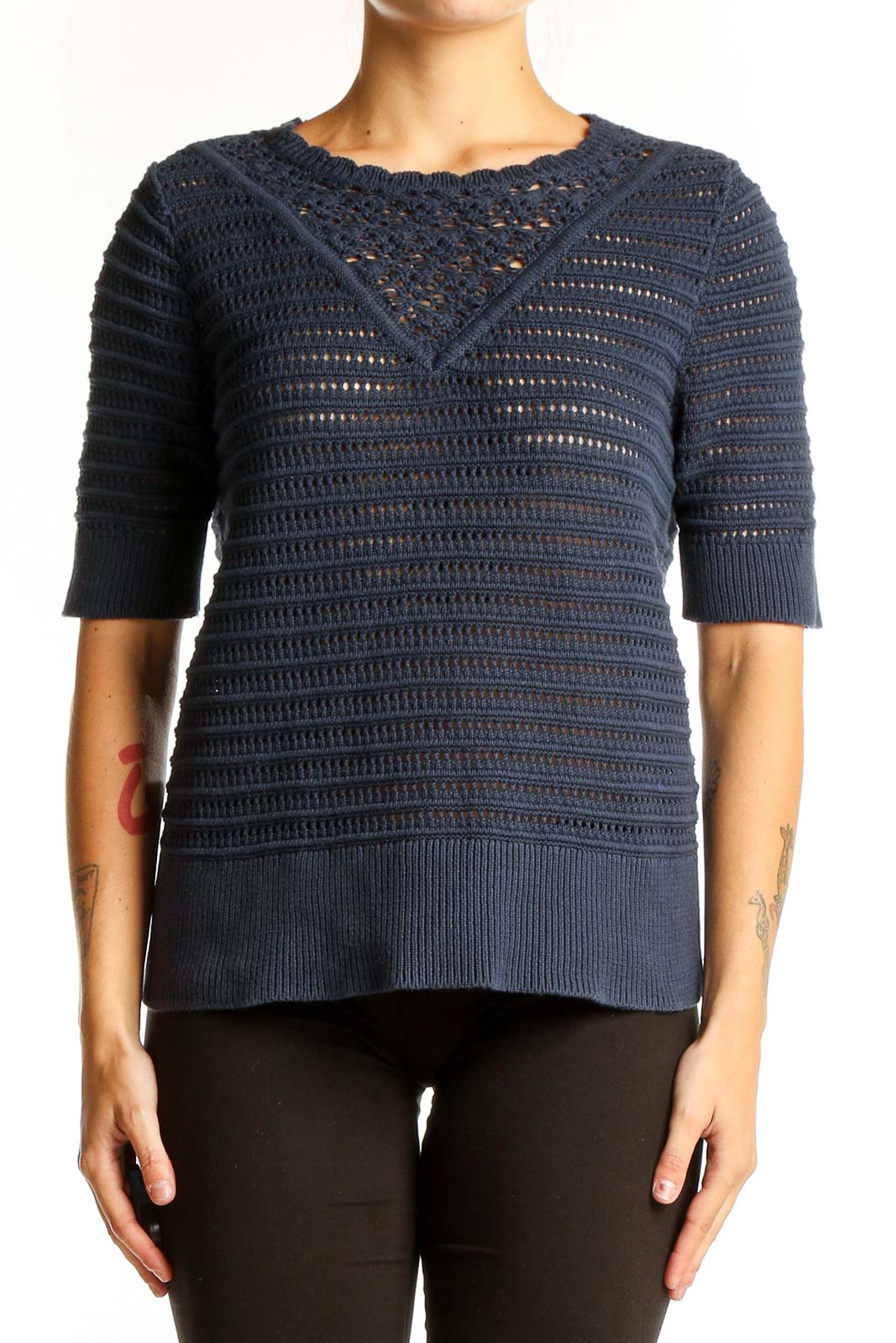Navy Crochet Knit Short Sleeve Sweater Front