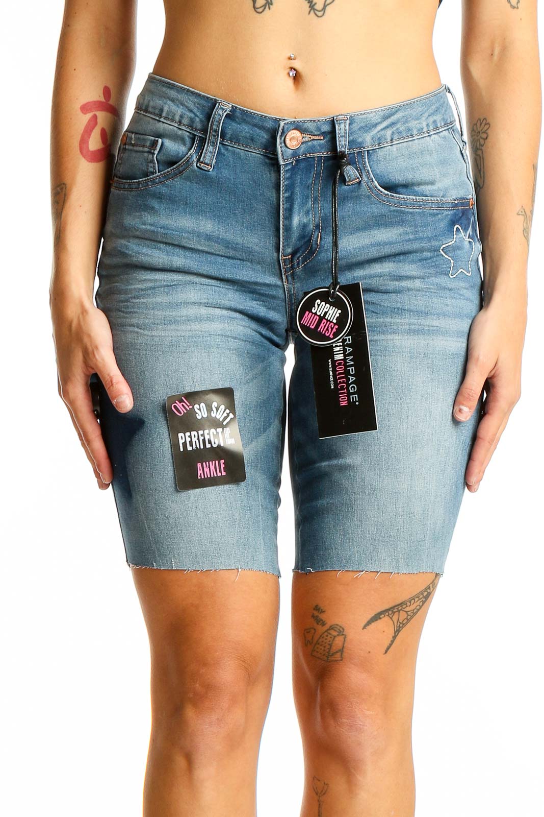 Light Blue Distressed Denim Bermuda Shorts Front