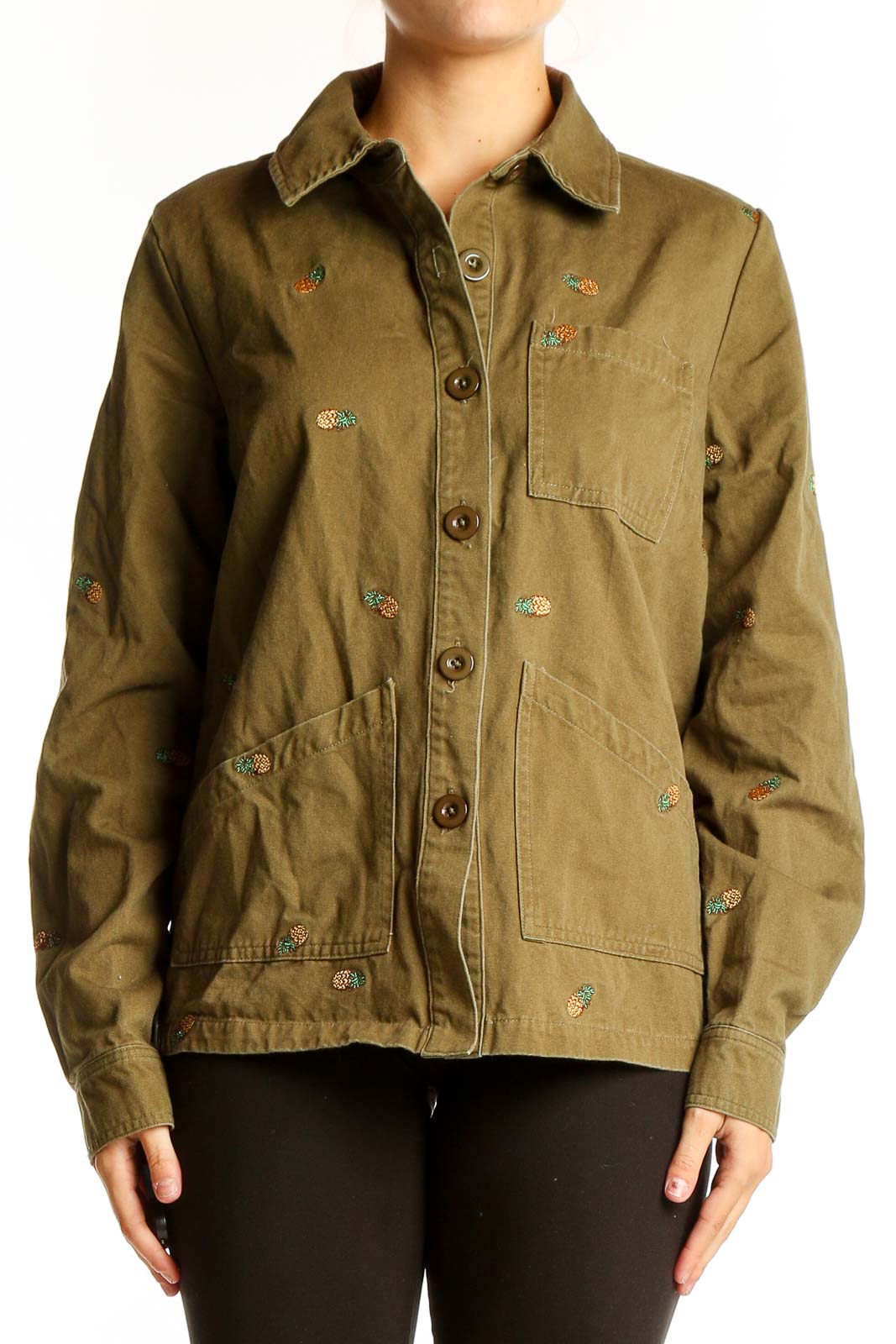 Olive Embroidered Cotton Utility Jacket Front