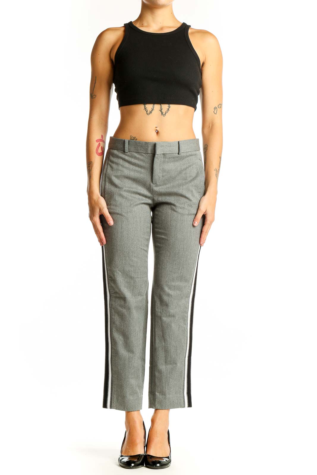 Gray Striped Cropped Dress Pants Front