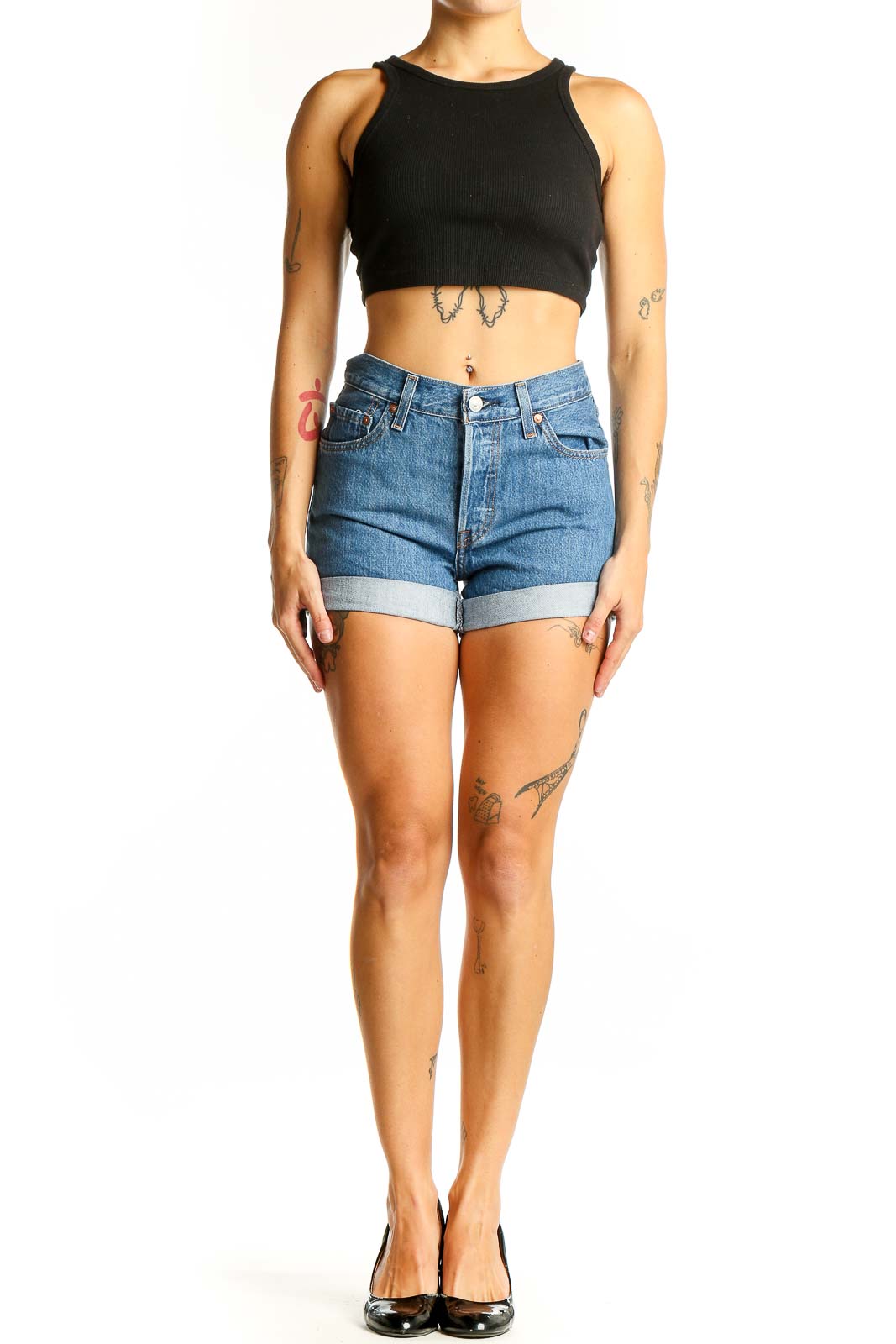 Blue Denim High-Waisted Cuffed Shorts Front