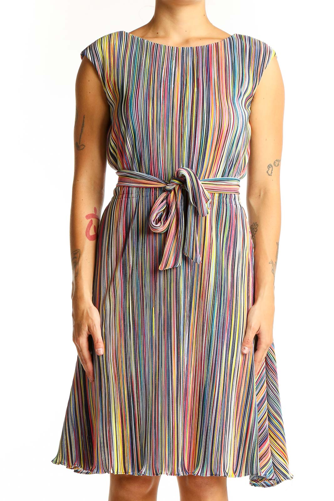 Multicolor Striped Pleated Dress Front