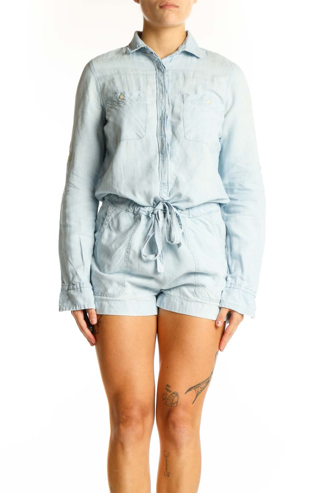 Light Blue Cotton-Linen Romper Front