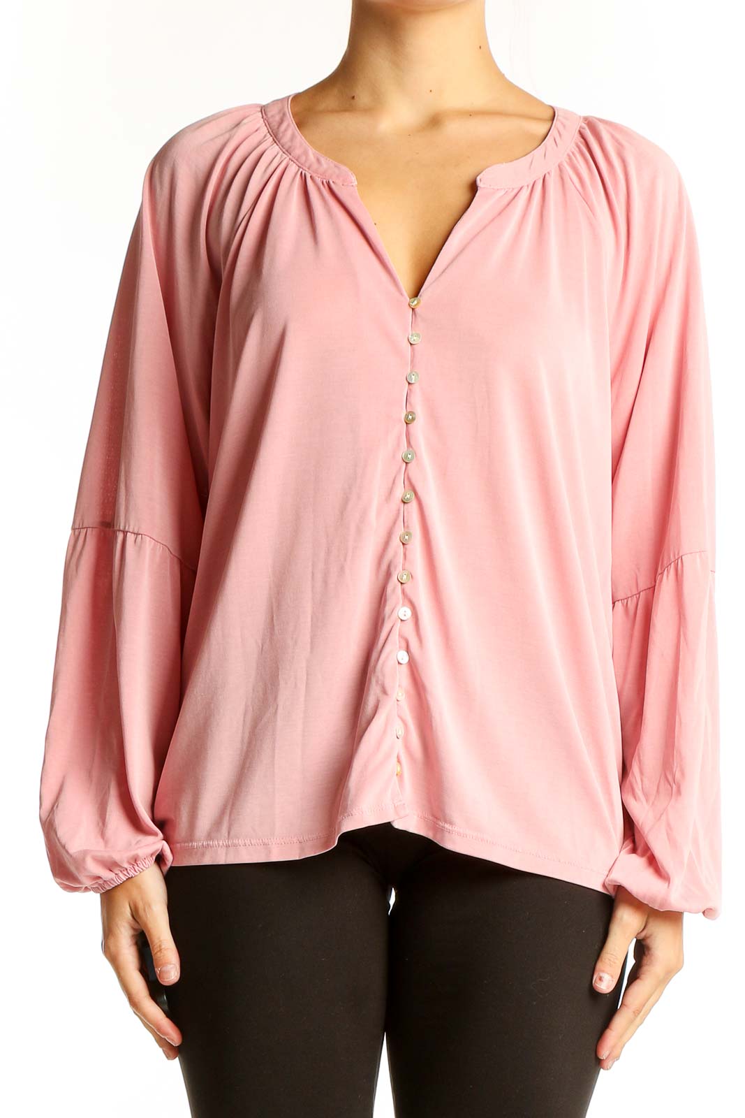 Pink Button-Down Flowy Blouse Front