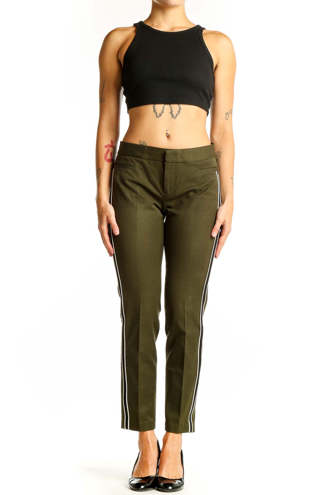 Olive Green Side-Striped Ankle Pants Front