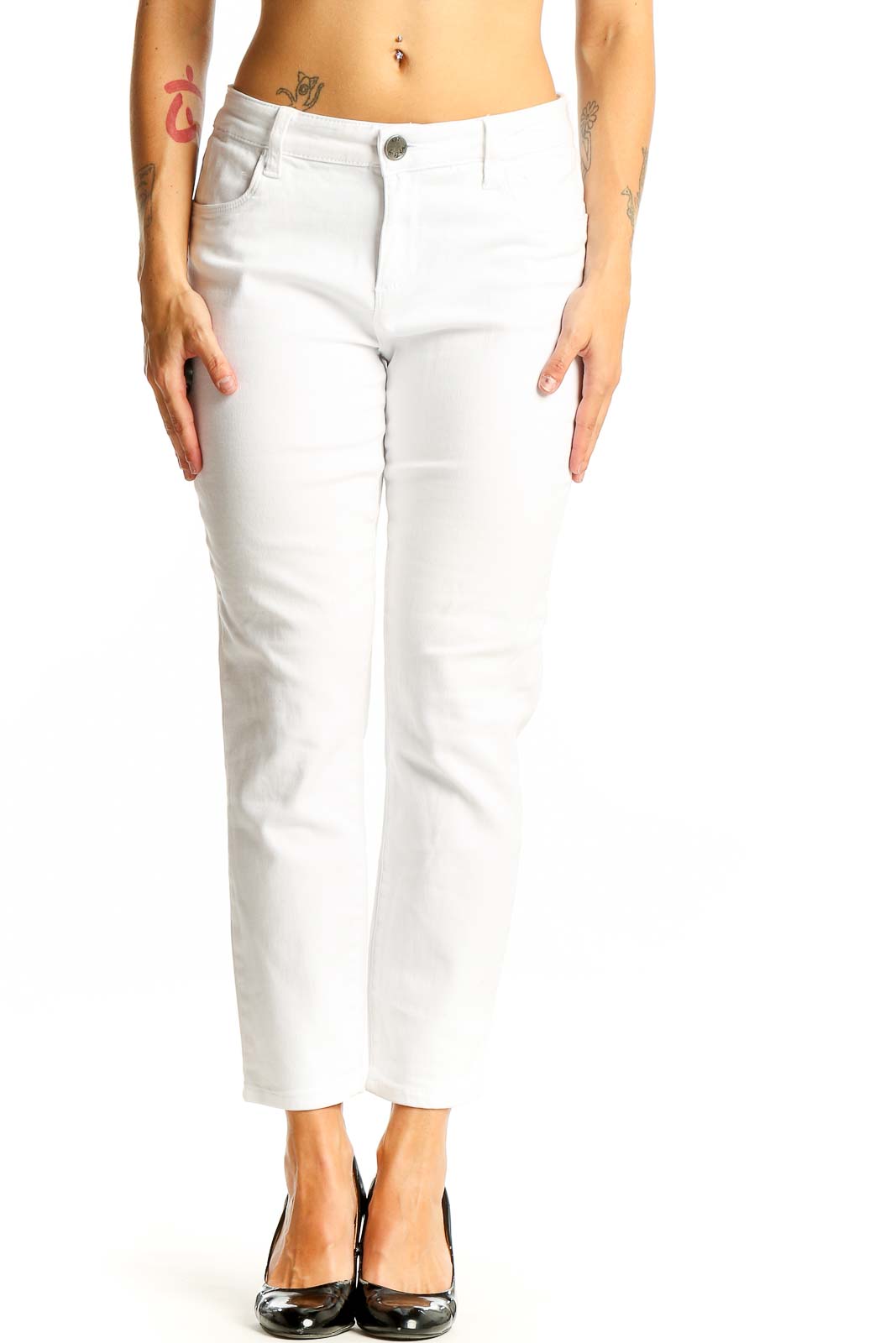 White Cotton Blend Ankle-Length Jeans Front