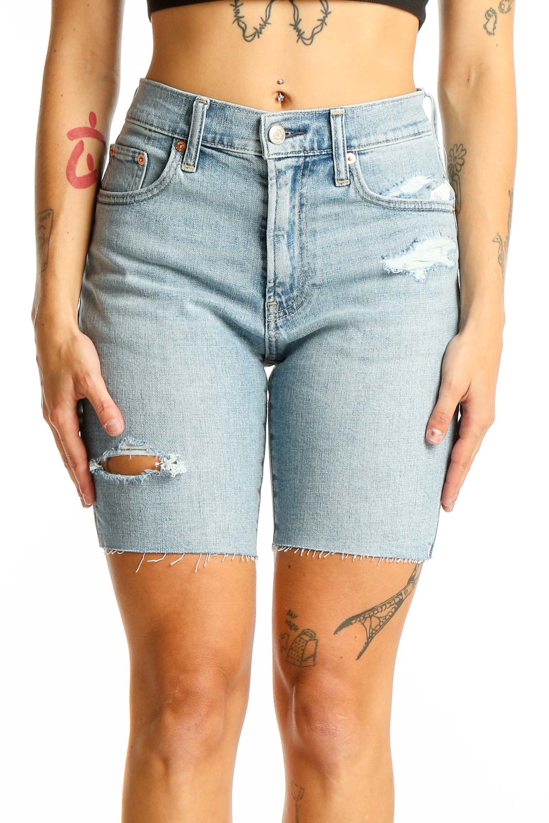 Light Blue Distressed Denim Bermuda Shorts Front