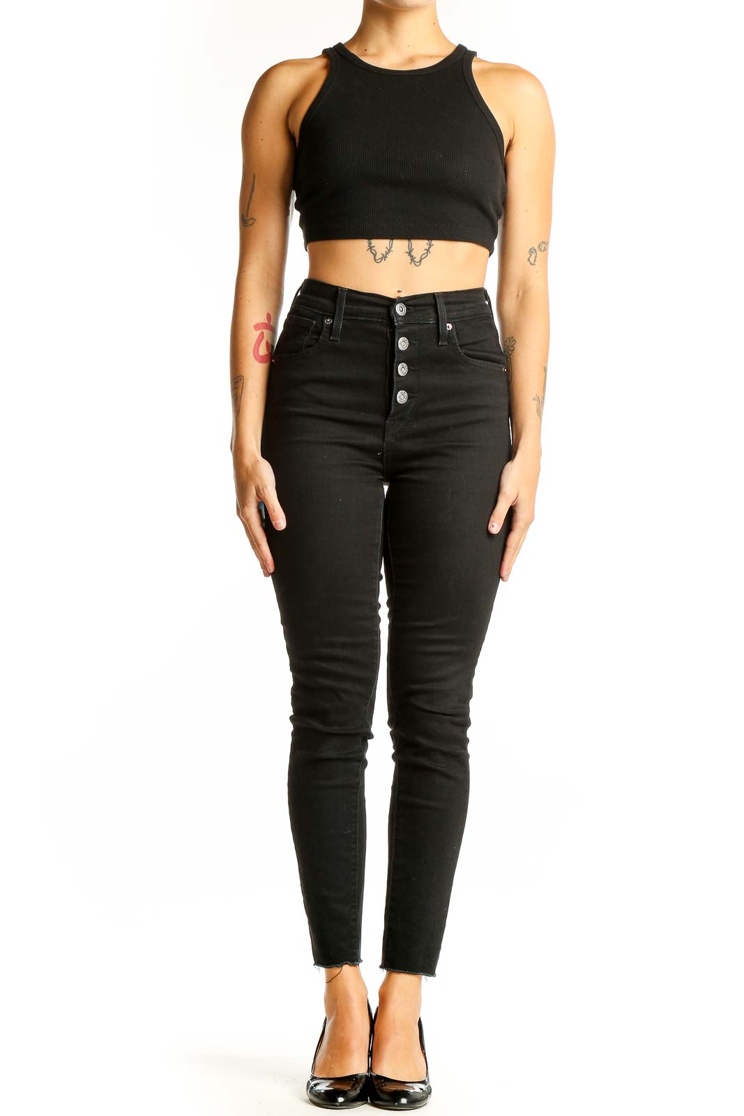 Black High-Waisted Button-Fly Skinny Jeans Front