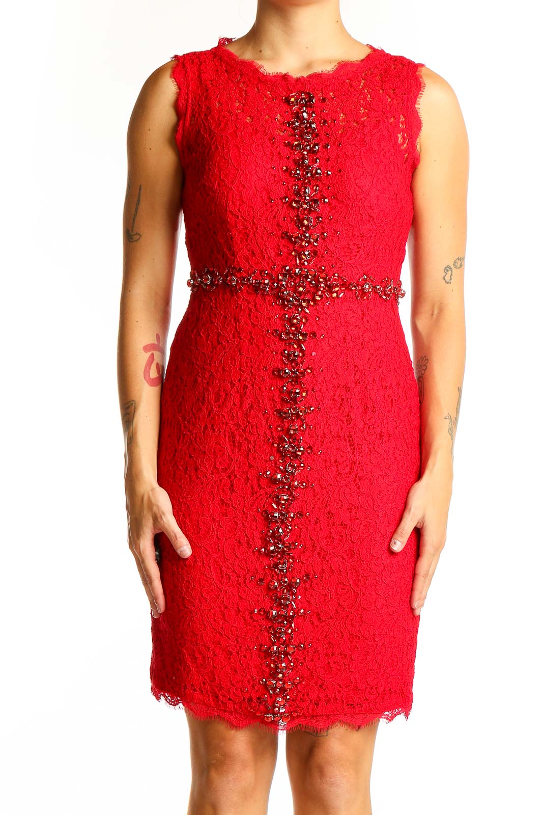 Red Lace Embellished Cocktail Dress Front