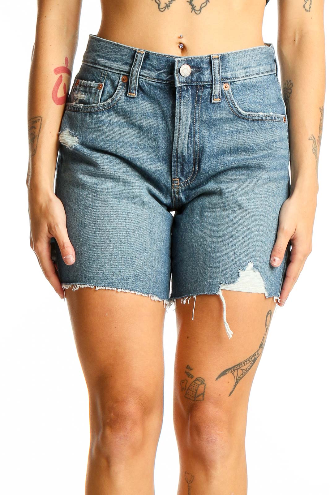 Blue Distressed Denim Shorts Front