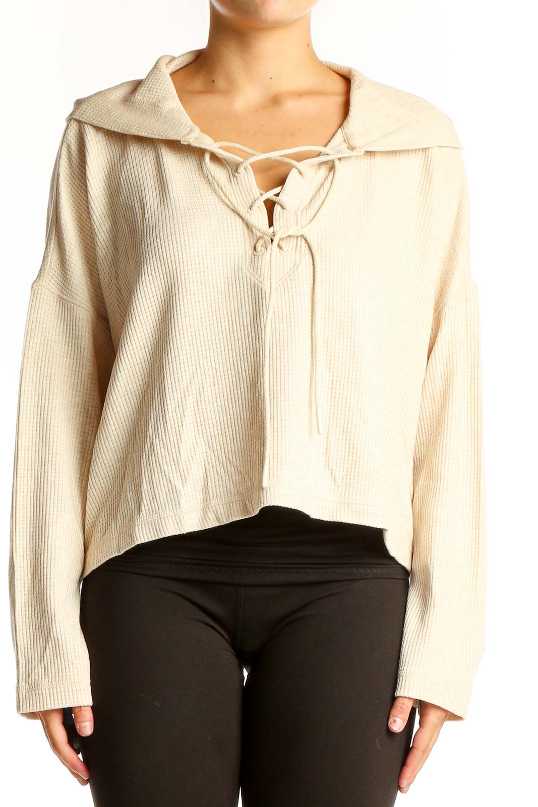 Cream Lace-Up Cropped Sweater Front